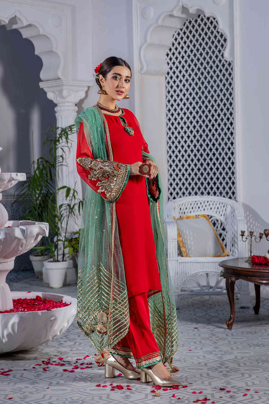 Red Readymade Pure Chiffon Suit