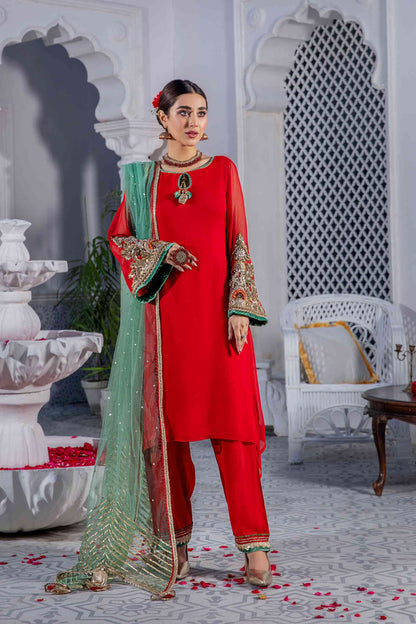 Red Readymade Pure Chiffon Suit
