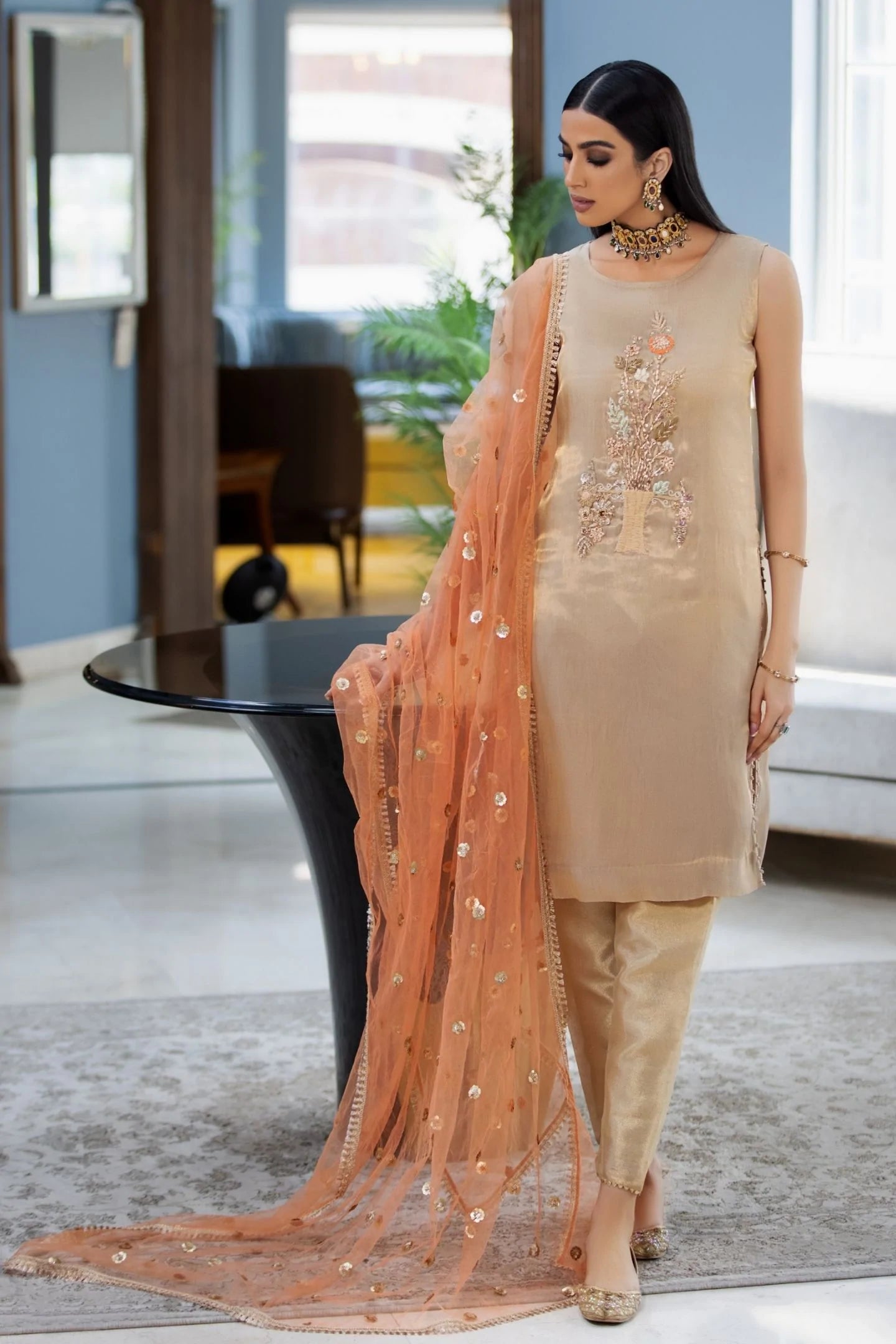 hand embroidered ready made suit dubai gold color