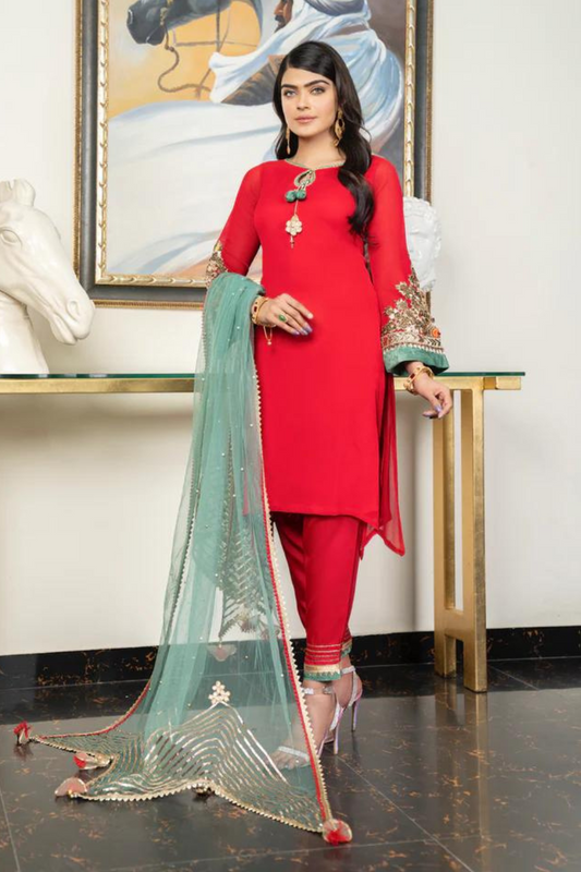 Red Readymade Pure Chiffon Suit