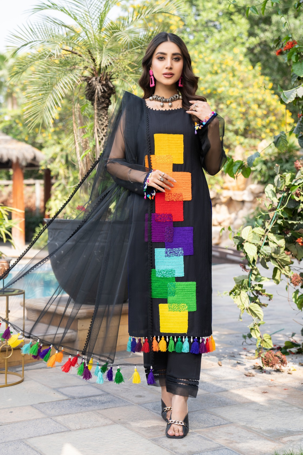 Black Readymade Hand Embroidered Cotton Suit