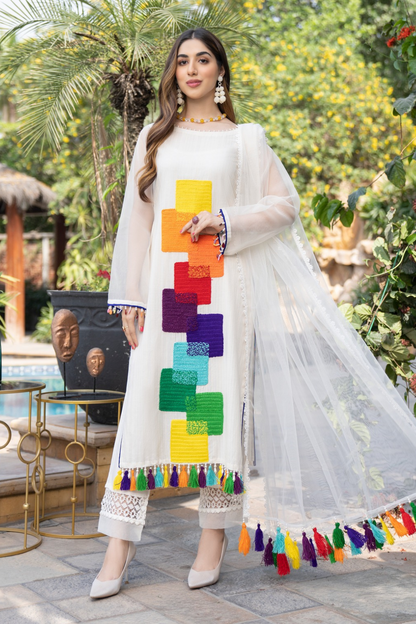 White Readymade Hand Embroidered Cotton Suit