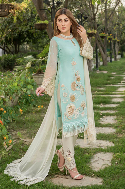 Cyan Hand Embroidered Cotton Pret