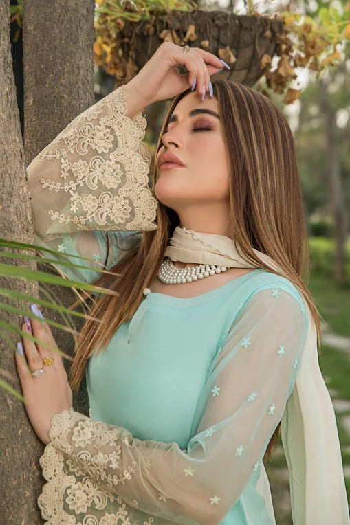 Cyan Hand Embroidered Cotton Pret