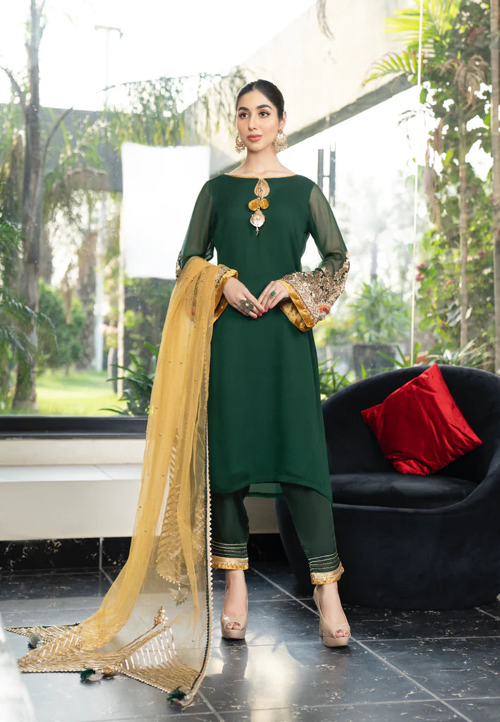 Salwar Mahal Green Crinkle Chiffon Ready to Wear Luxury Pret