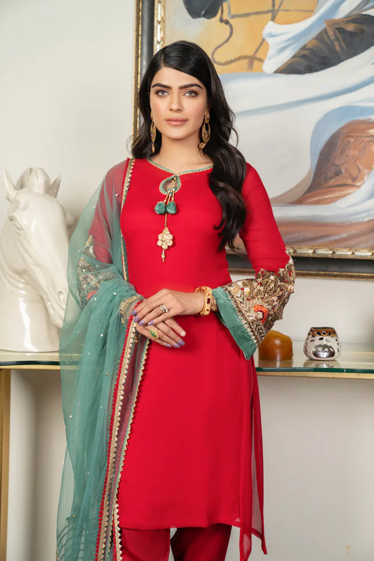 Red Readymade Pure Chiffon Suit