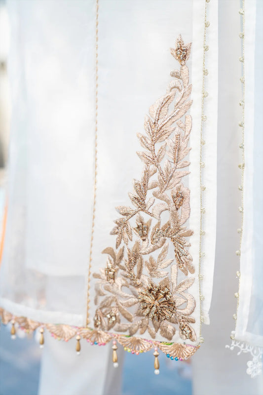 White Readymade Hand Embroidered Suit