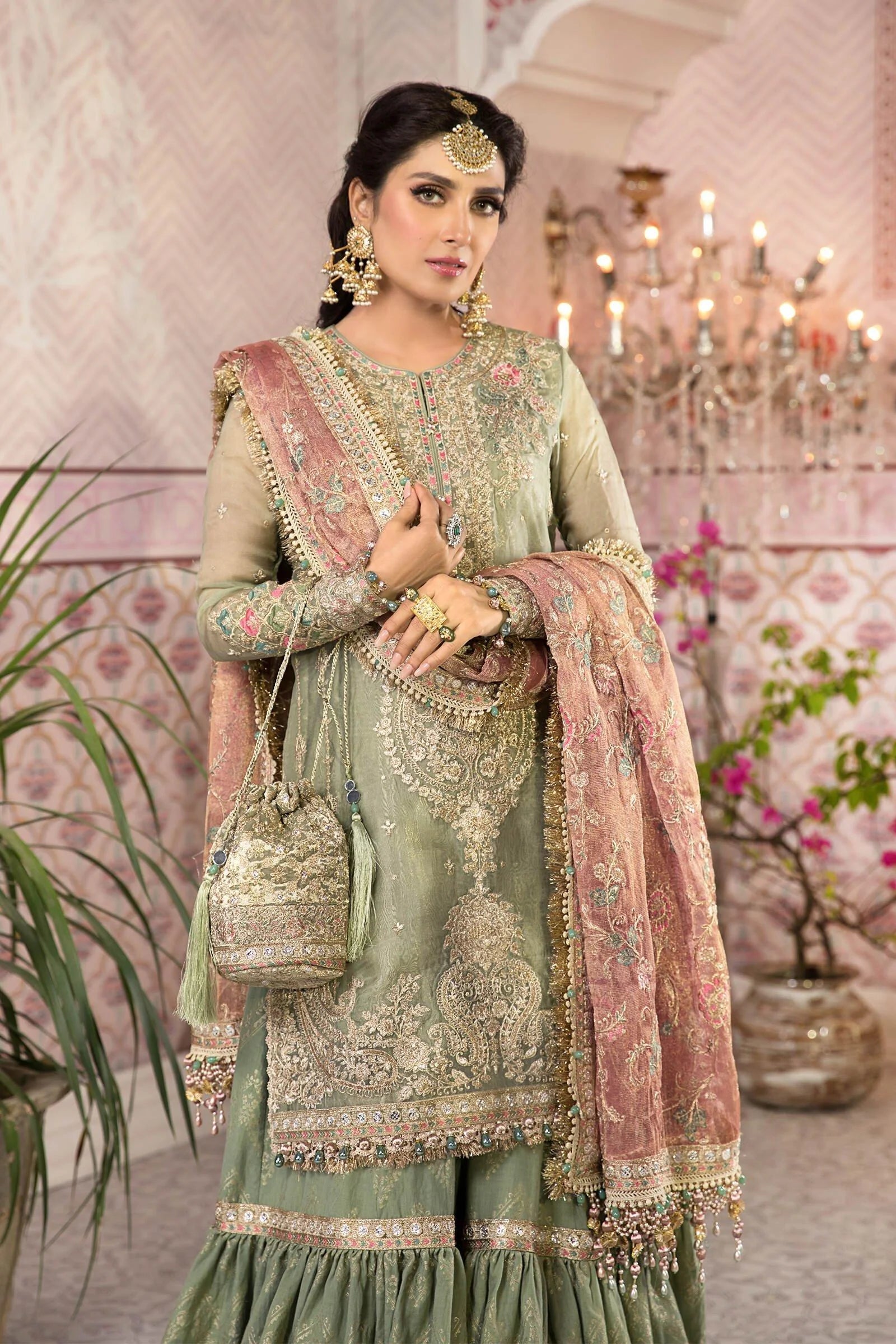 Pistachio Green & Salmon Pink Pakistani Bridal Wedding Gharara in Dubai SALWAR MAHAL Pistachio Green & Salmon Pink Pakistani Bridal Wedding Gharara in Dubai SALWAR MAHAL