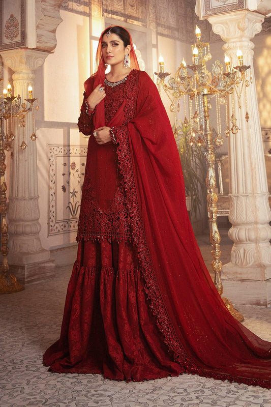 Ruby Red Hand Embellished Chiffon Gharara