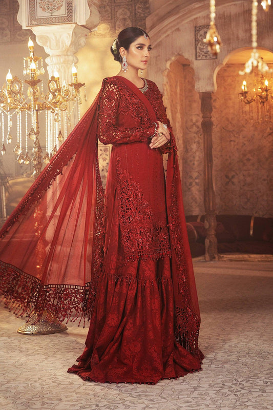 Ruby Red Hand Embellished Chiffon Gharara