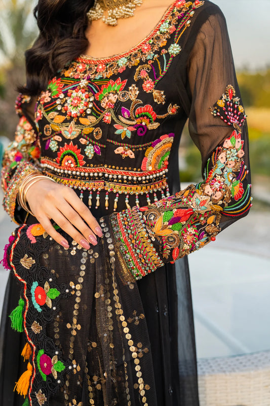 Handmade Black Chiffon Anarkali Size 40