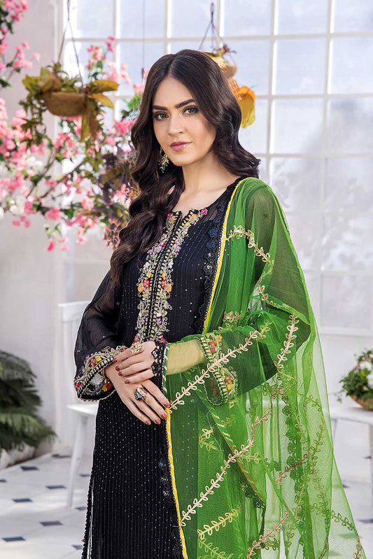 Hand Embroidered Black Chiffon Suit with Green Dupatta
