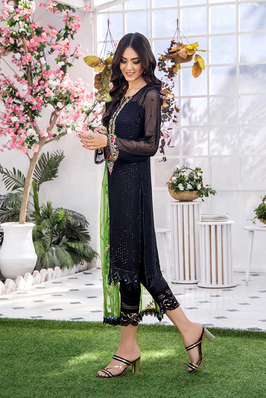 Hand Embroidered Black Chiffon Suit with Green Dupatta