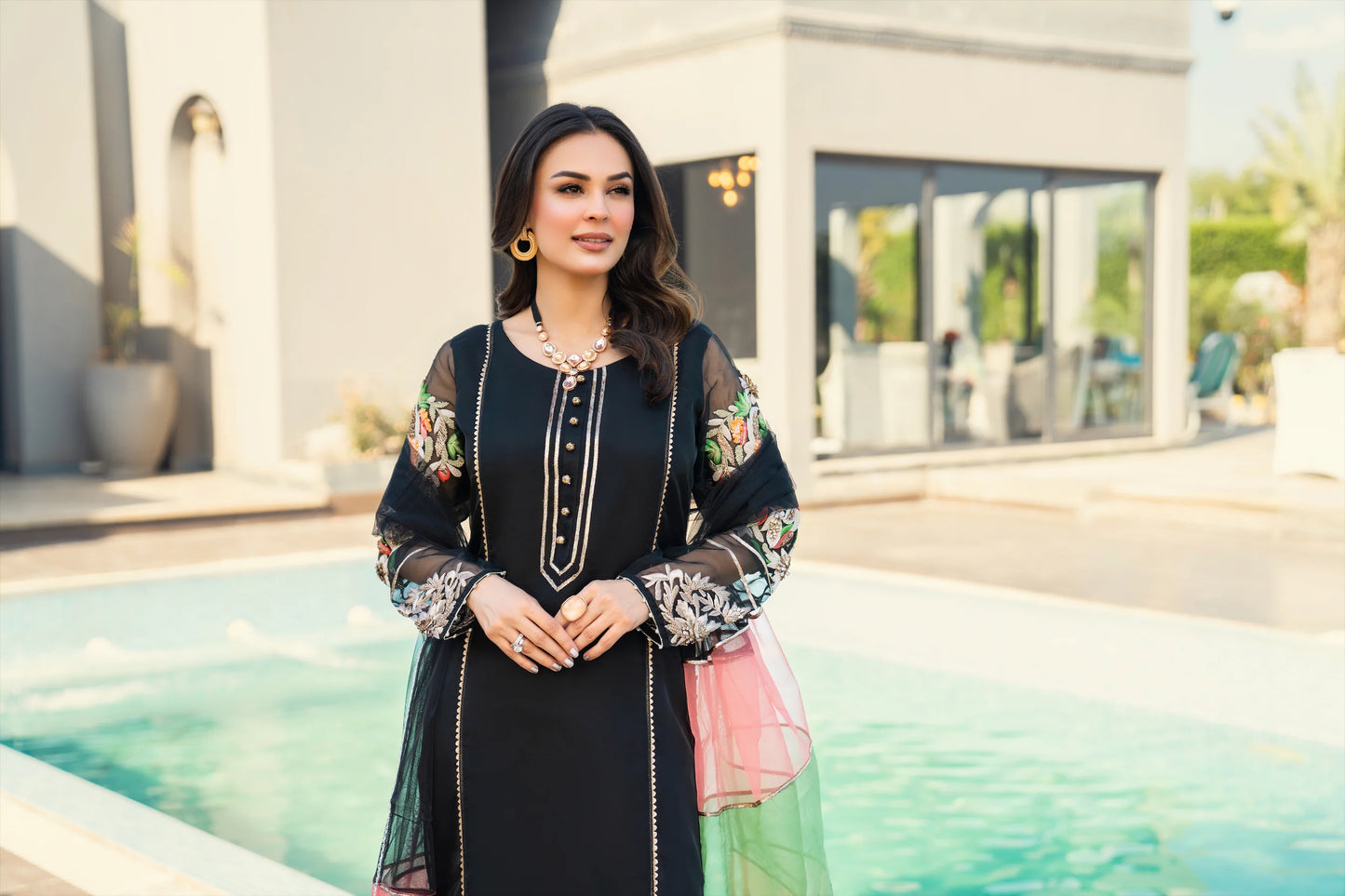 Black Readymade Hand Embroidered Suit