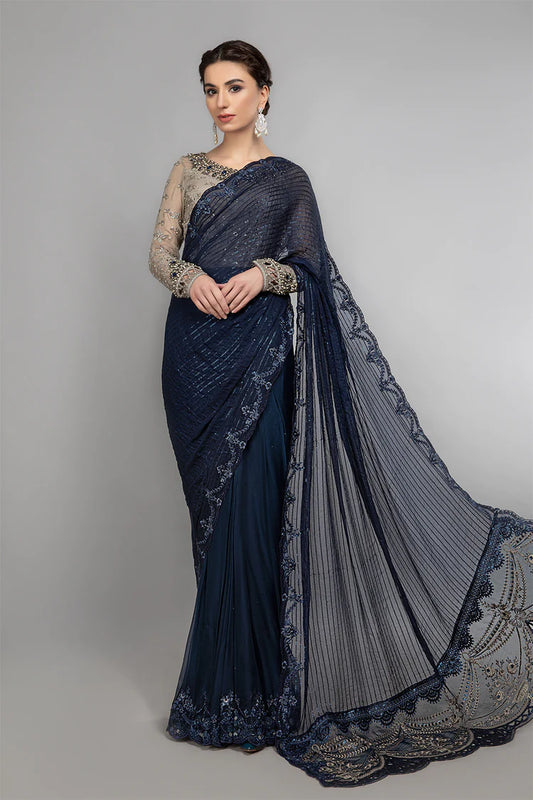 Ink Blue and Coffee Chiffon Saree