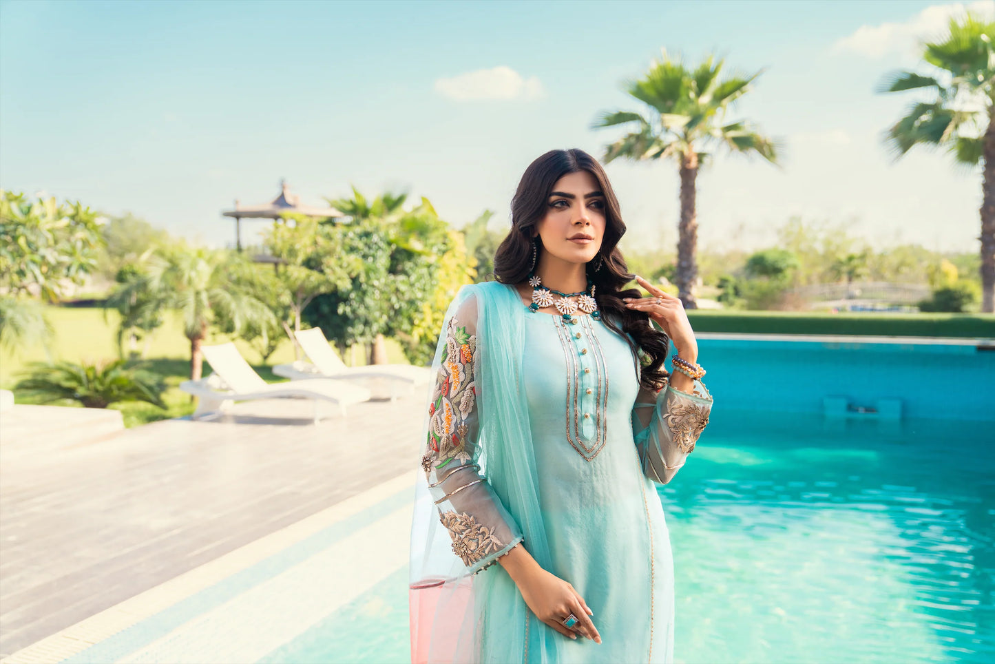 Cyan Readymade Hand Embroidered Suit