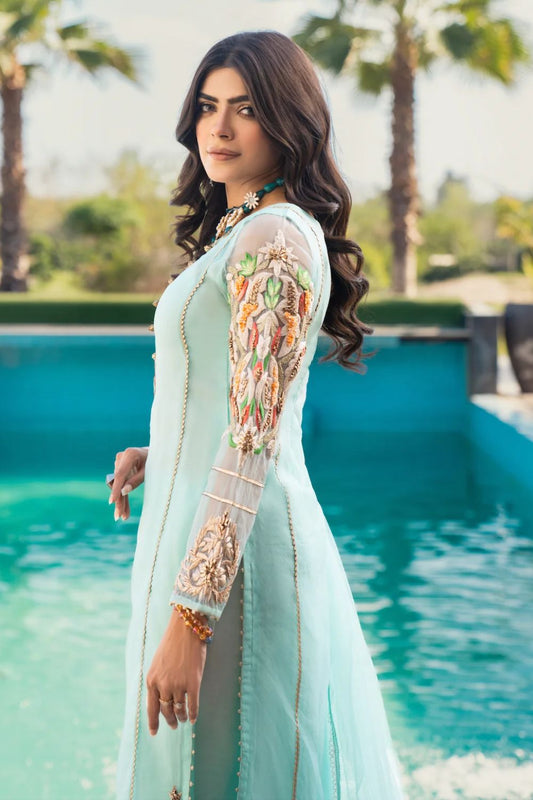 Cyan Readymade Hand Embroidered Suit
