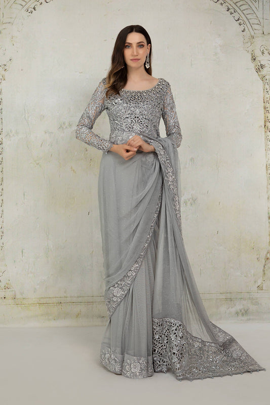 Grey Cut Work Saree