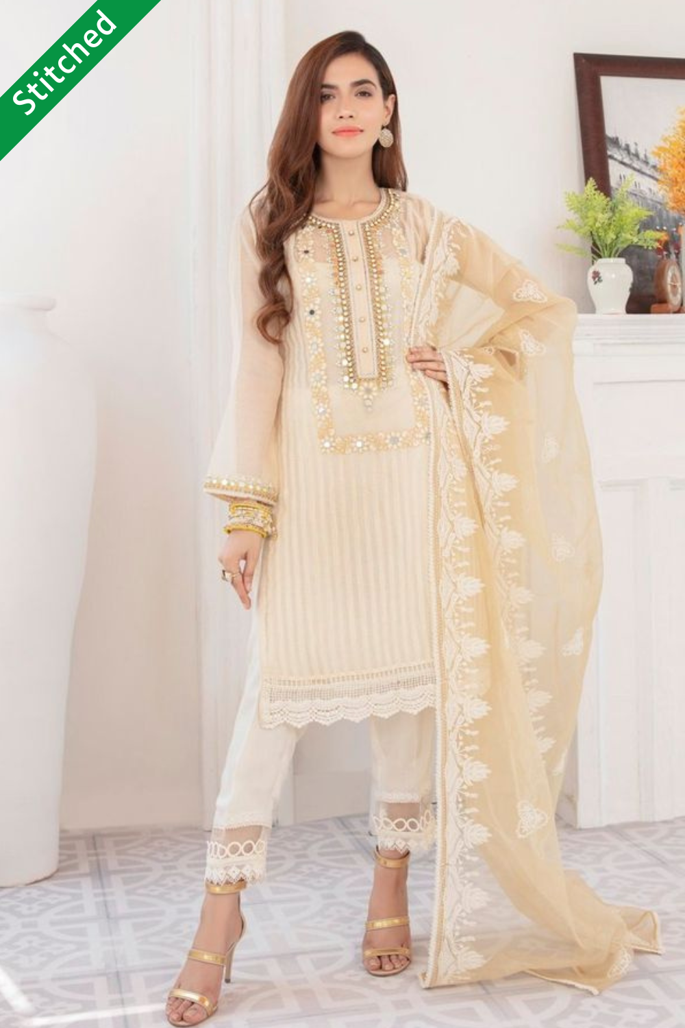 Readymade Cotton Suit with Mirror Work