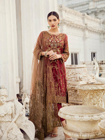 Maroon Embroidered Chiffon Suit