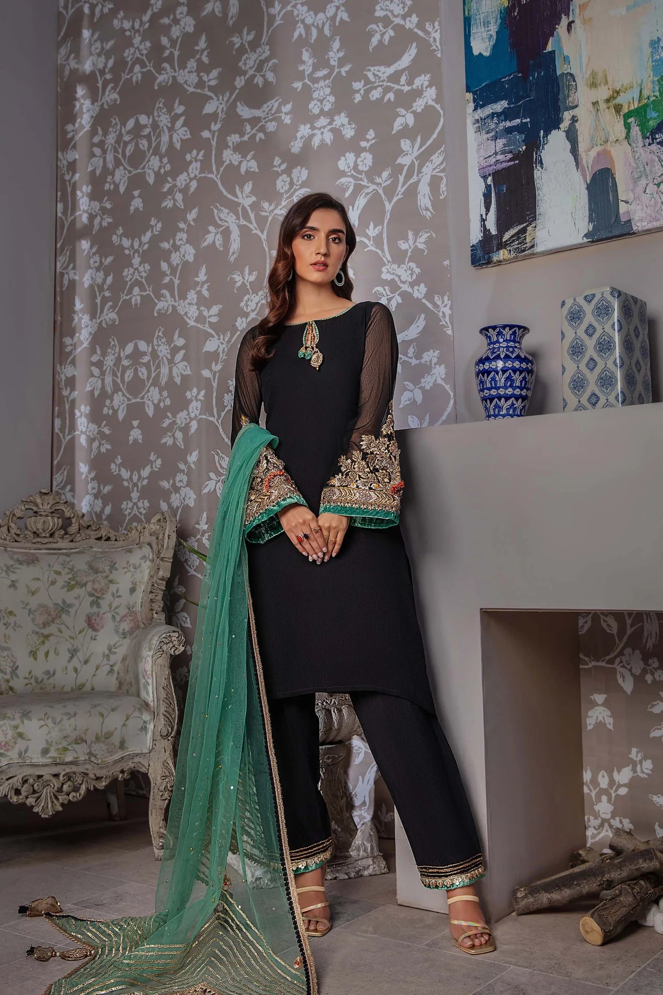 Black Readymade Chiffon Suit