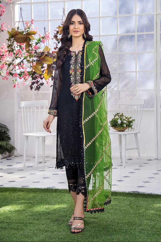 Hand Embroidered Black Chiffon Suit with Green Dupatta