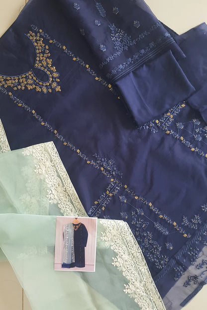 Navy Blue Embroidered Organza Suit