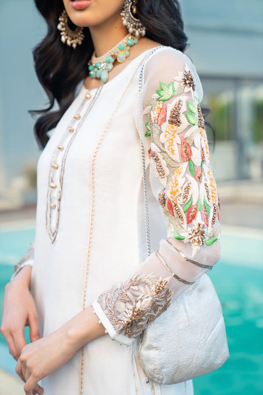 White Readymade Hand Embroidered Suit