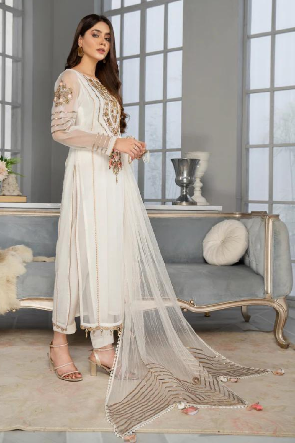 pure chiffon white and gold anarkali ready made suit online