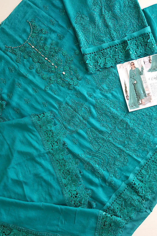 Teal Blue Embroidered Chiffon Suit