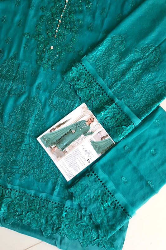 Teal Blue Embroidered Chiffon Suit