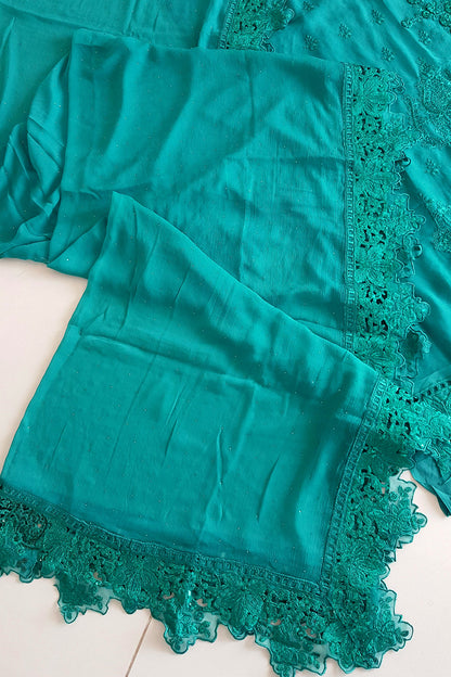 Teal Blue Embroidered Chiffon Suit
