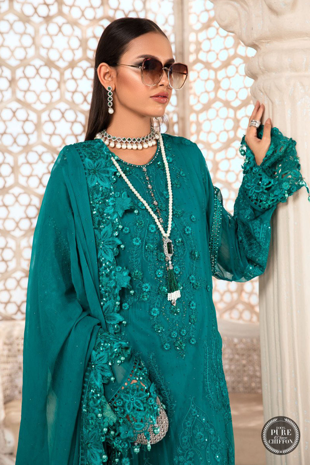 Teal Blue Embroidered Chiffon Suit