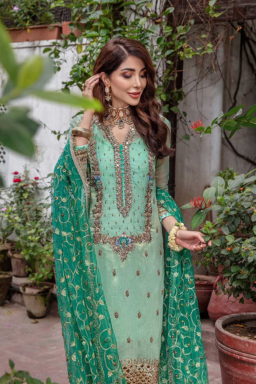 Turquoise Hand Embroidered Readymade Suit