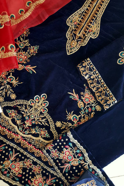 Navy Blue Embroidered Velvet Suit
