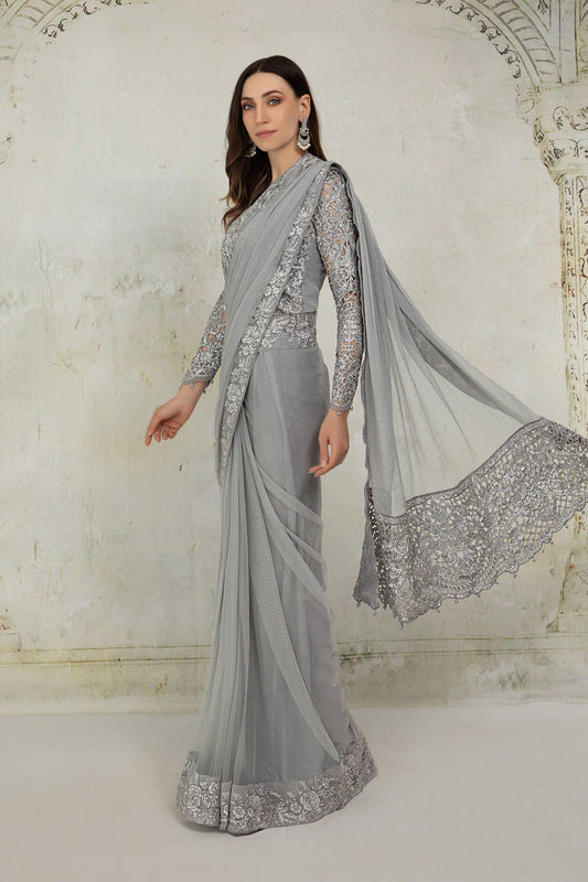 Grey Cut Work Saree
