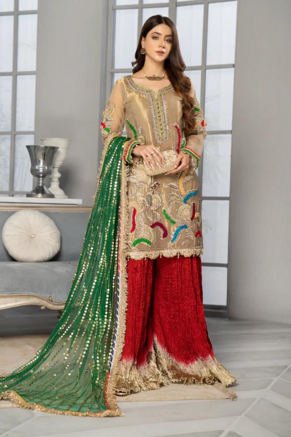 red & gold luxury pret sharara in dubai fully stitched ready made suit