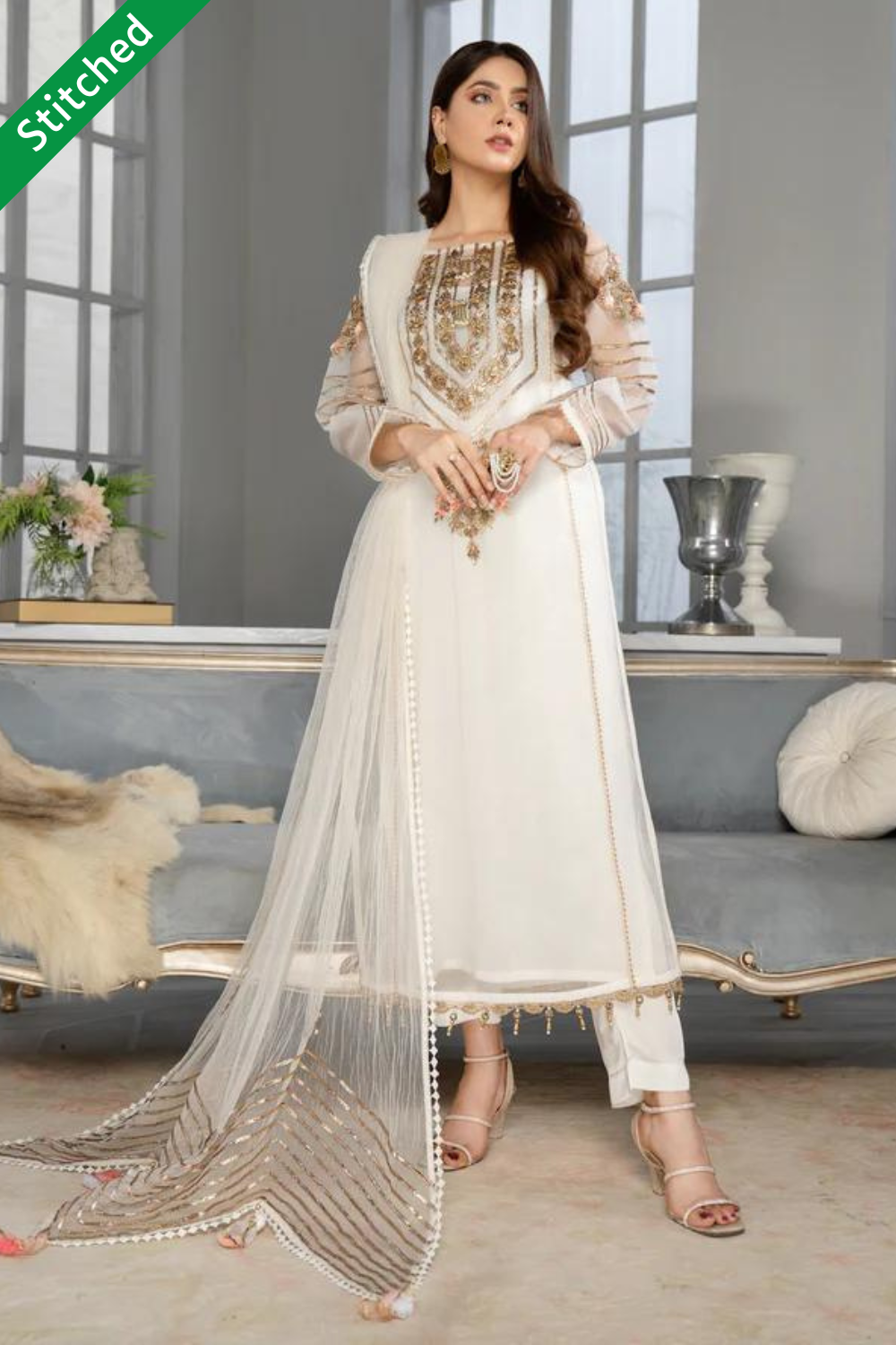 Readymade White Suit with Gota Work