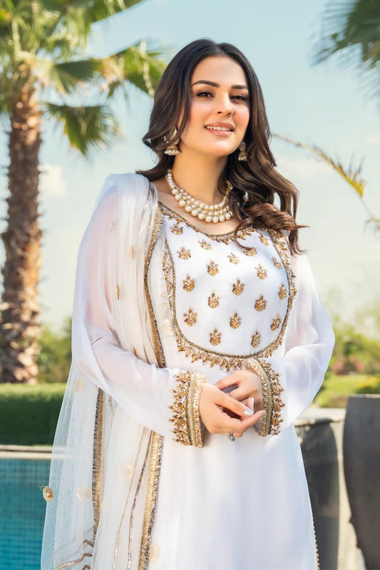 White Hand Embroidered Chiffon Suit
