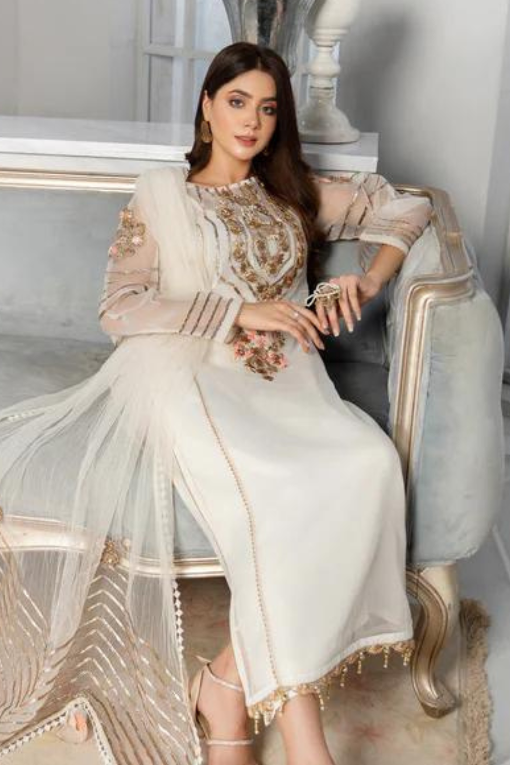 pure chiffon white and gold anarkali party wear suit