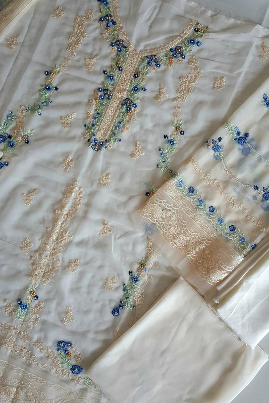 Off White Embroidered Chiffon Suit