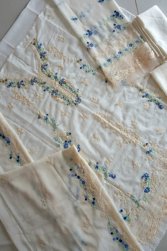Off White Embroidered Chiffon Suit