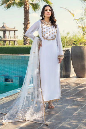 White Hand Embellished Chiffon Suit