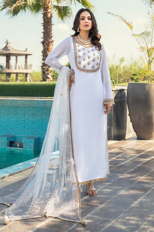 White Hand Embroidered Chiffon Suit